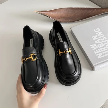 Pavasario batai Moteriški britų stiliaus storapadžiai koledžo stiliaus laisvalaikio loaferiai Juodi natūralios odos mados batai Merginos WHSLE MTO