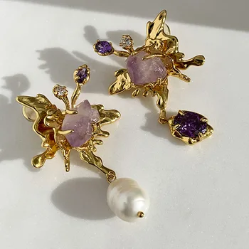 Prabangūs barokiniai gėlavandenių perlų pakabukai Asimetriški auskarai moterims Perdėti papuošalai Mergaitės dovana S925 Adatos vestuvių papuošalai