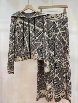 Retro geometrinis žemėlapis megztas kašmyro megztinis su gobtuvu dviejų dalių moteriškas naujas ruduo + kelnės aukštu liemeniu plačių kojų kelnės madingas kostiumas