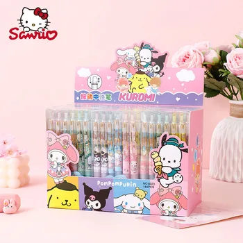 Sanrio 12/24vnt Kawaii Hello Kitty Kuromi Metal Hook Press Gel Pen Student Cartoon Press Signature Rašiklis Kanceliarinės prekės Juoda 0.5mm