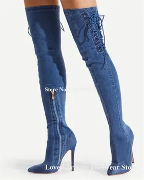 Sexy Slim Style Blue Denim Stiletto kulnas virš kelių Batai Smailus kojų šonas Nėriniai Plonas kulnas Ilgi batai BiG dydžio batai