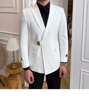 Solid Metal Buckle Decoration Blazer For Men 2-Piece Jacket Pants Italian Party Wedding Bankquet Designer Suit Slim Fit Homme