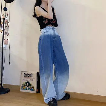 Streetwear Fat Female gradient Color Jeans Women's Loose High-Waisted Wide-leg Straight Jeans Daddy Pants Mopping Pants Loose