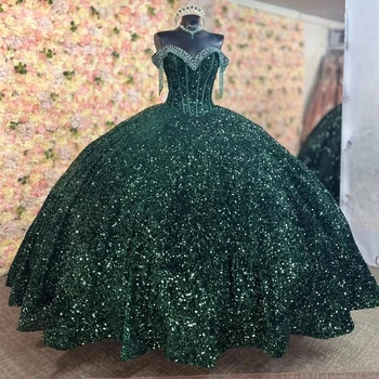 Tikros nuotraukos Tamsiai žalios blizgučiai Quinceanera suknelės Rutulinė suknelė 2024 Karoliukai Kutai nuo peties Saldus Šešiolika suknelių Vestidos 15