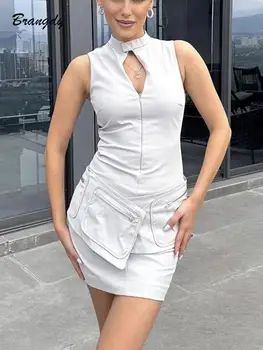 Traf 2023 Summer Mini suknelė Moterys Seksualios didelės kišenės krovinys Vestidos Bodycon Slim suknelė Solid O-neck Mini suknelė moteriška Y2k drabužiai