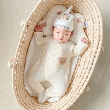 Vaikiškas medvilninis kombinezonas & Beanie Hat ilgomis rankovėmis Romper Kūdikių kombinezonai Pavasario smėlinukas Animacinis kostiumas Lokys Kvėpuojanti apranga