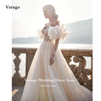 Verngo Glitter A Line 2023 A Line Wedding Dresses Sweetheart Removable Puff Long Sleeves Shiny Bridal Gowns Robe de mariage