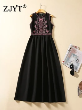 ZJYT Elegantiškos vintažinės siuvinėjimo berankovės juodos suknelės moterims 2023 m. vasaros vestido fiesta moteriškas ilgas specialus renginio chalatas XXL