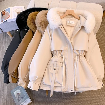 Žieminis paltas Moterys 2023 Kailio apykaklė su gobtuvu ir aksomas Medvilninis paminkštintas juosmuo plona striukė Korėjietiškas vienspalvis žieminis paltas Laikykite šiltą