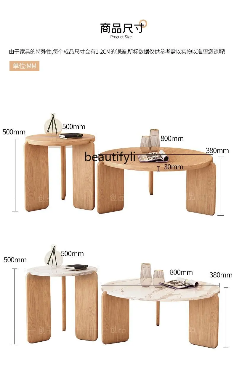 japoniško stiliaus apvalus Kavos staliuko derinys Marmurinis aukštas ir žemas arbatos stalas Baltas vaškas Šiaurietiškas paprastas medžio masyvo arbatos stalas