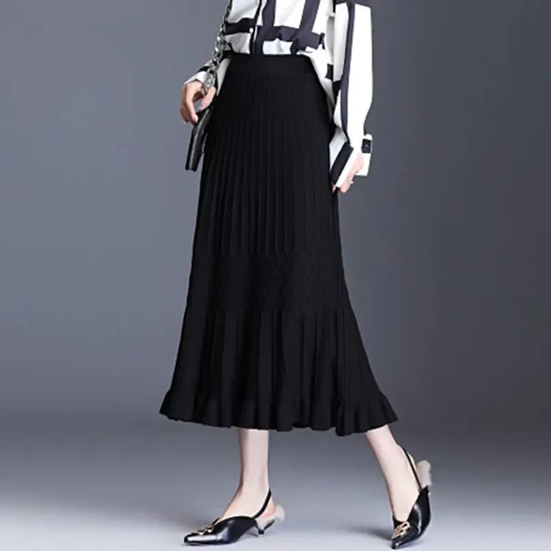 Megztas sijonas moteriškas ruduo ir žiema naujas vidutinio ilgio aukšto liemens vientisas sijonas Korėjietiškas plisuotas laisvalaikio ilgas megztinis sijonas moteriškas
