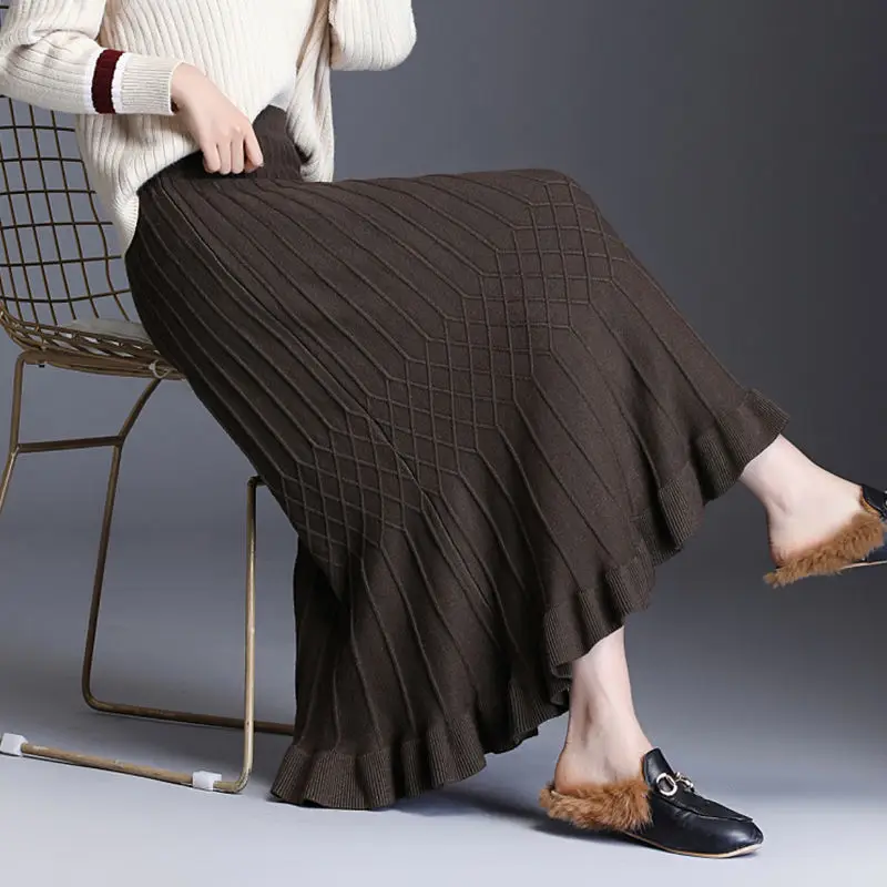 Megztas sijonas moteriškas ruduo ir žiema naujas vidutinio ilgio aukšto liemens vientisas sijonas Korėjietiškas plisuotas laisvalaikio ilgas megztinis sijonas moteriškas