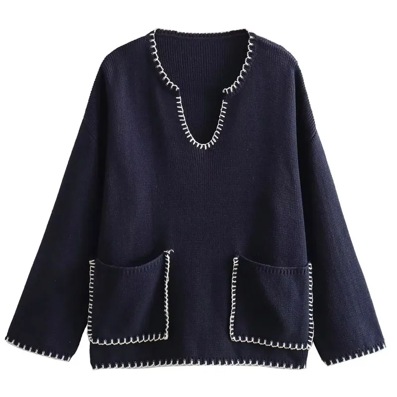 TRAF Megztas megztinis Moteriškas megztinis Rudens ilgomis rankovėmis Viršus V formos kaklo megztiniai Korėjietiško stiliaus trikotažas Dizainerio drabužiai Moterys Prabangus