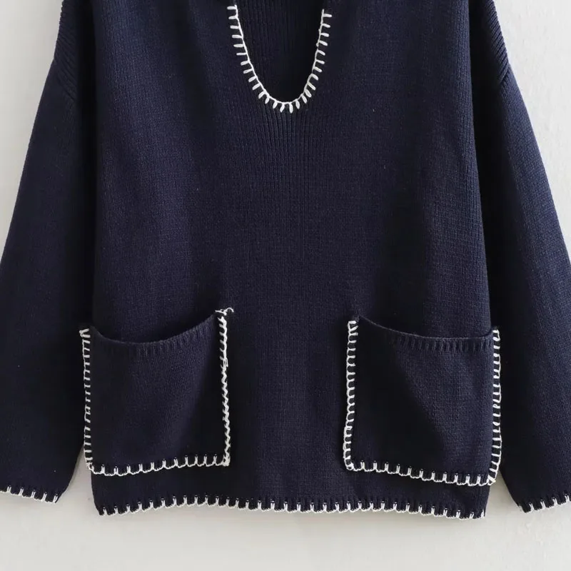 TRAF Megztas megztinis Moteriškas megztinis Rudens ilgomis rankovėmis Viršus V formos kaklo megztiniai Korėjietiško stiliaus trikotažas Dizainerio drabužiai Moterys Prabangus